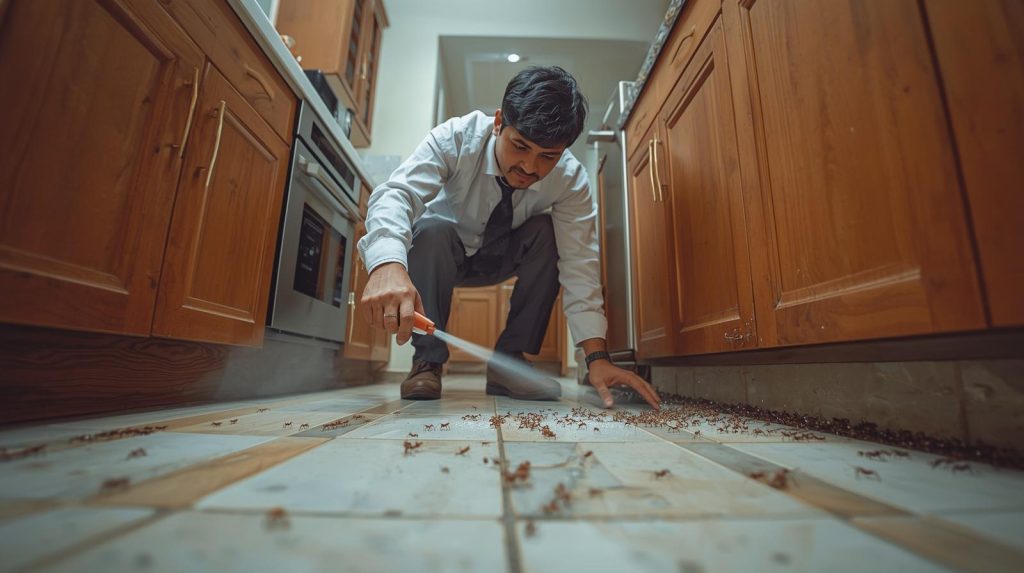Exterminator performing ants control treatment in a Karachi home