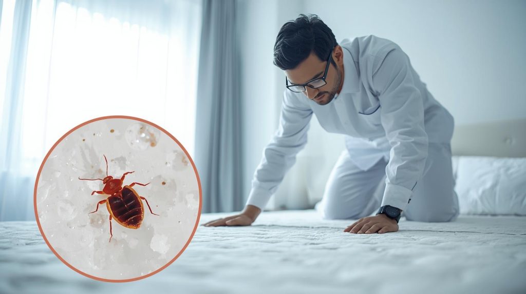 Professional pest control technician inspecting a mattress for bed bugs in Karach