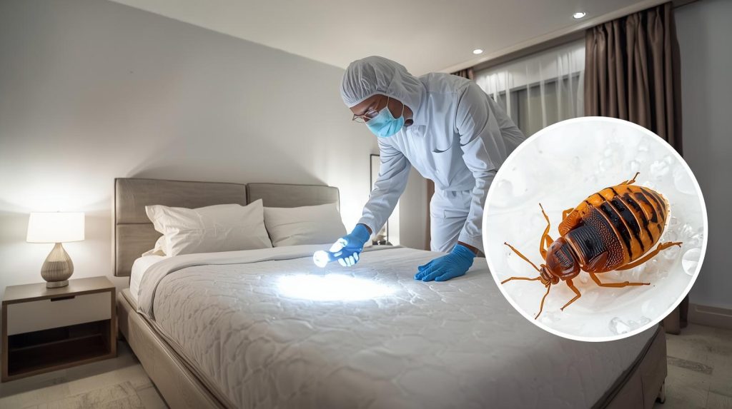 Pest control technician performing bed bug fumigation in Karachi bedroom