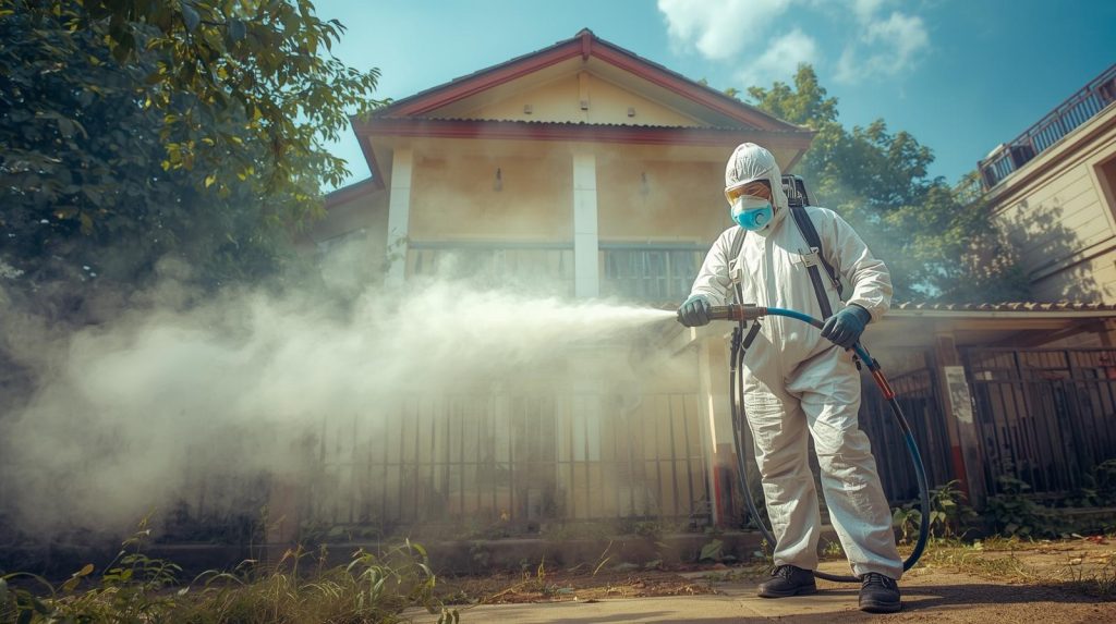 Technician performing pest control fumigation outside a residential house in Karachi, wearing protective gear