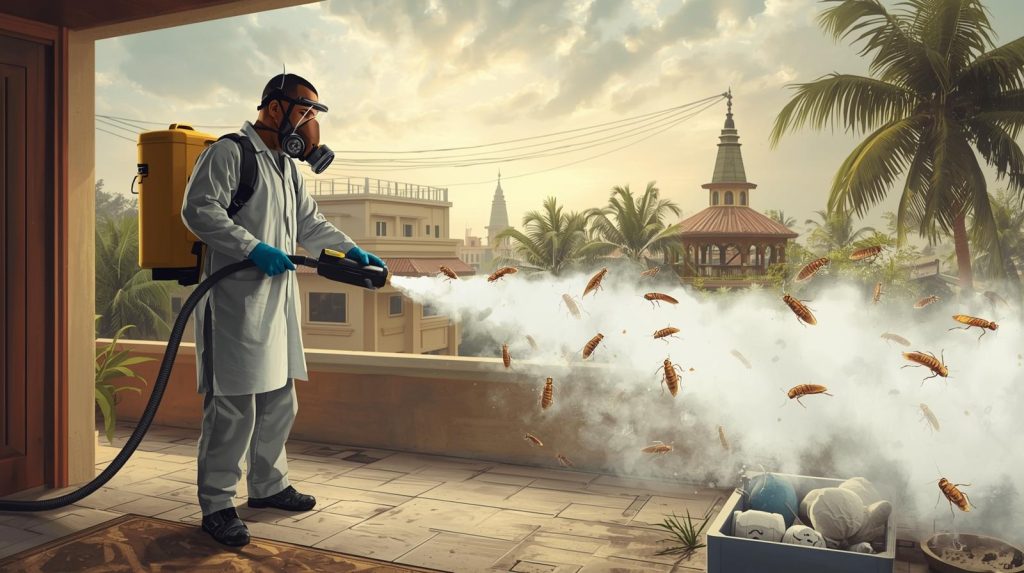 Technician performing cockroach fumigation in a Karachi home wearing protective gear.