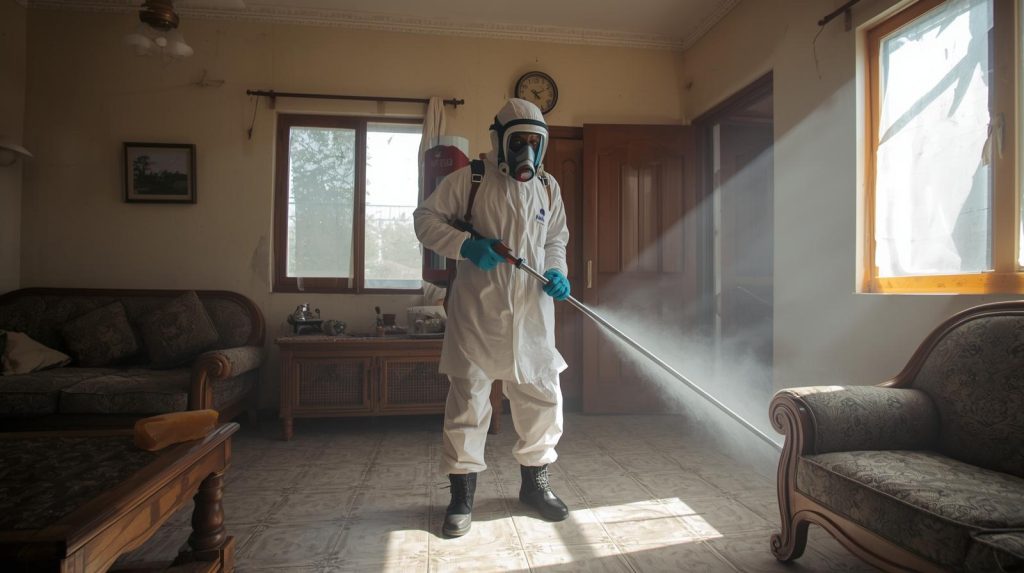 Fumigation team treating a Karachi apartment to eliminate cockroach infestation