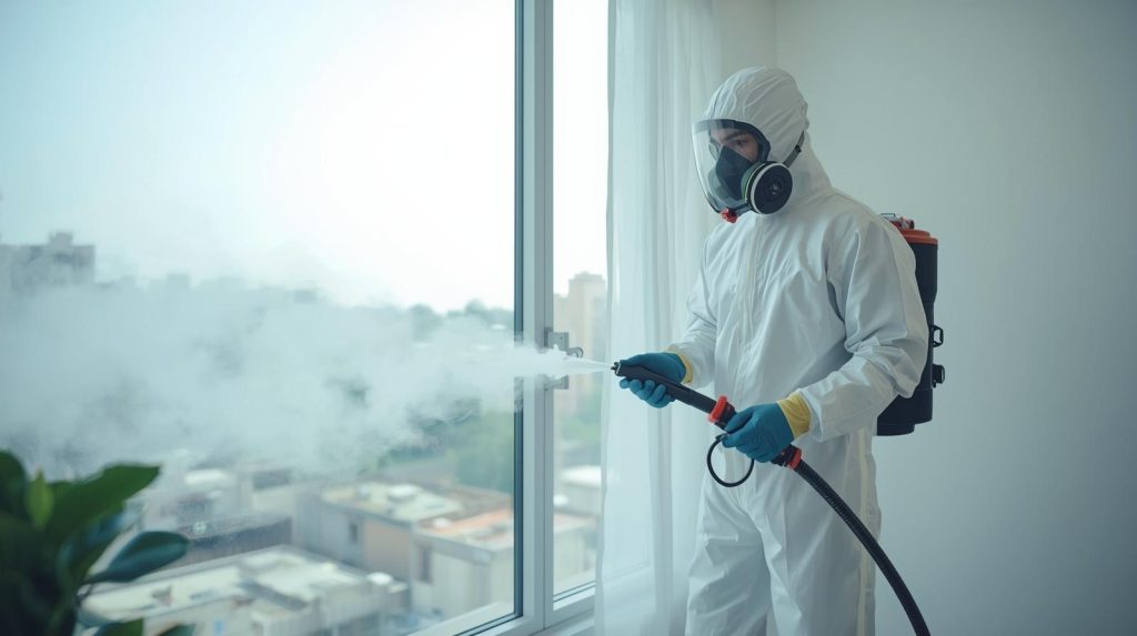 Pest control technician providing fumigation service in a Karachi residential home
