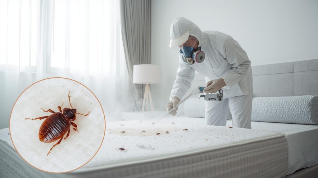 Professional pest control technician inspecting a mattress for bed bugs during fumigation in Karachi