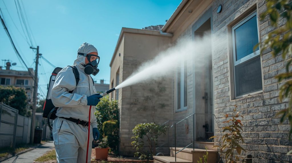 Pest control expert spraying fumigation chemicals outside a Karachi home with protective gear