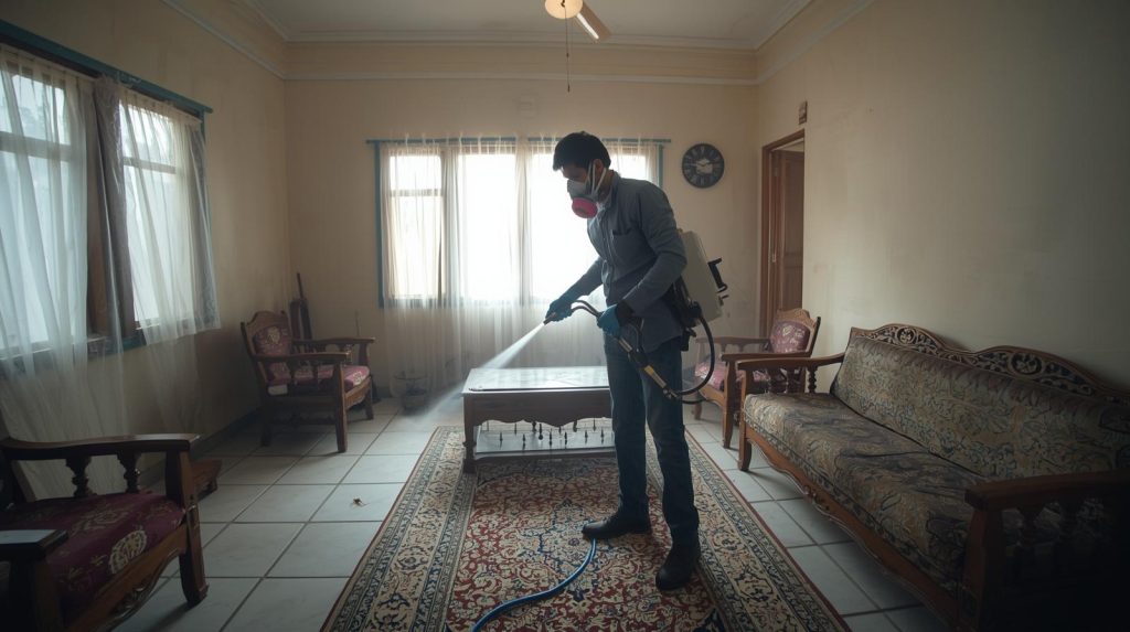 Expert fumigating a Karachi home for cockroach control using professional equipment