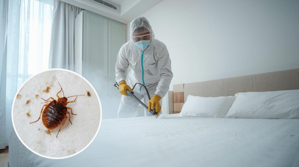 Pest control expert applying safe bed bugs treatment in a Karachi home