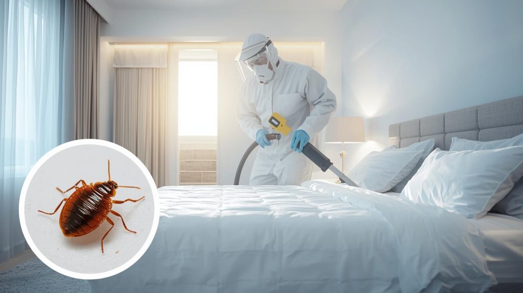 Pest control technician performing bed bug fumigation in a Karachi home bedroom