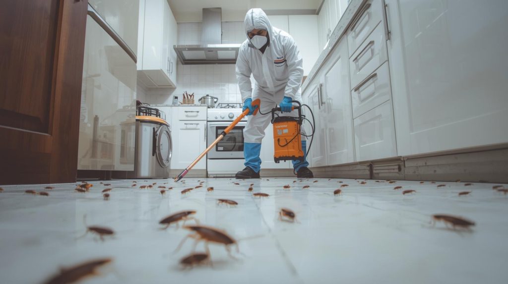 Professional exterminator performing cockroach extermination service in Karachi home