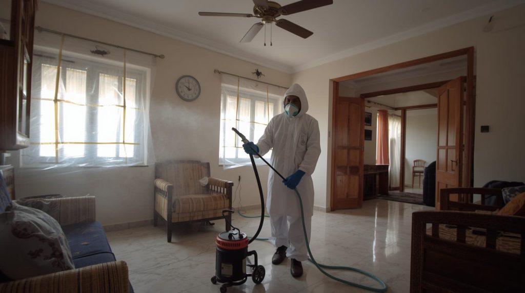 Karachi-based pest control worker applying cockroach fumigation inside a home