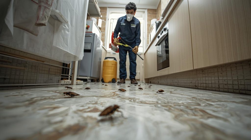 Expert exterminator handling cockroach infestation in a Karachi home
