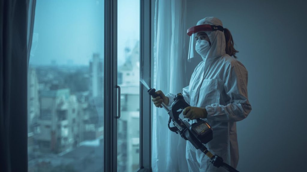 Technician in protective gear performing pest control fumigation in Karachi home