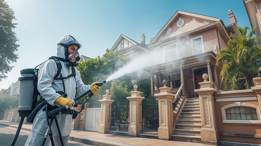 Professional applying termite fumigation treatment at a residential building in Karachi