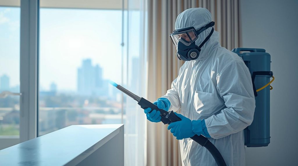 Pest control technician performing fumigation service in a Karachi home