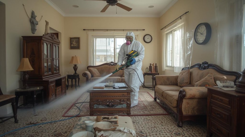 Technician applying cockroach fumigation spray in a Karachi residential apartment