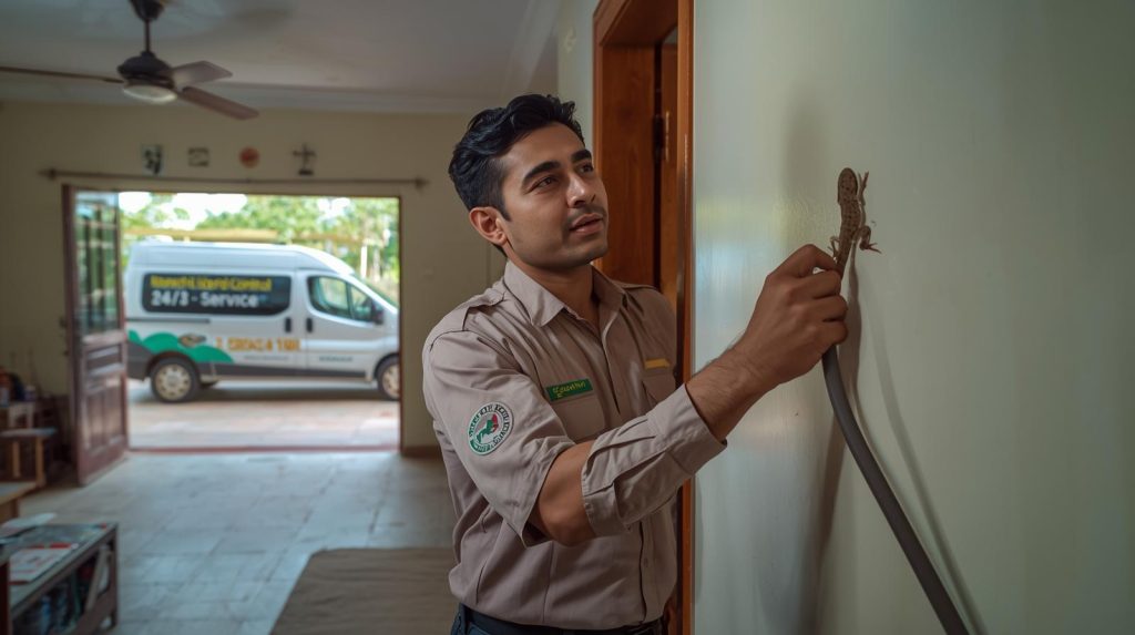 Professional lizard removal service technician inspecting a kitchen in Karachi