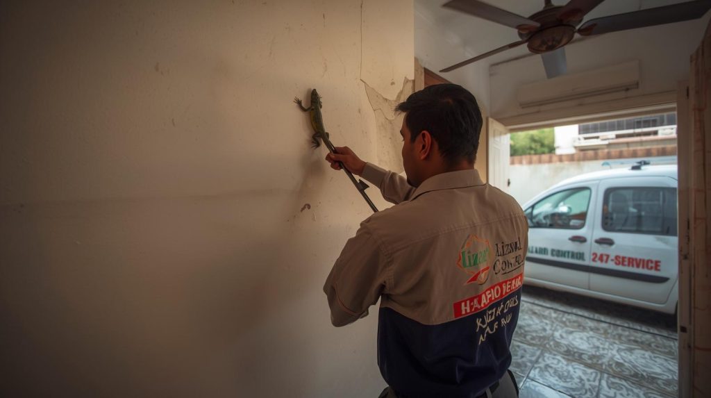 Pest control technician inspecting a building exterior during lizard removal service in Karachi