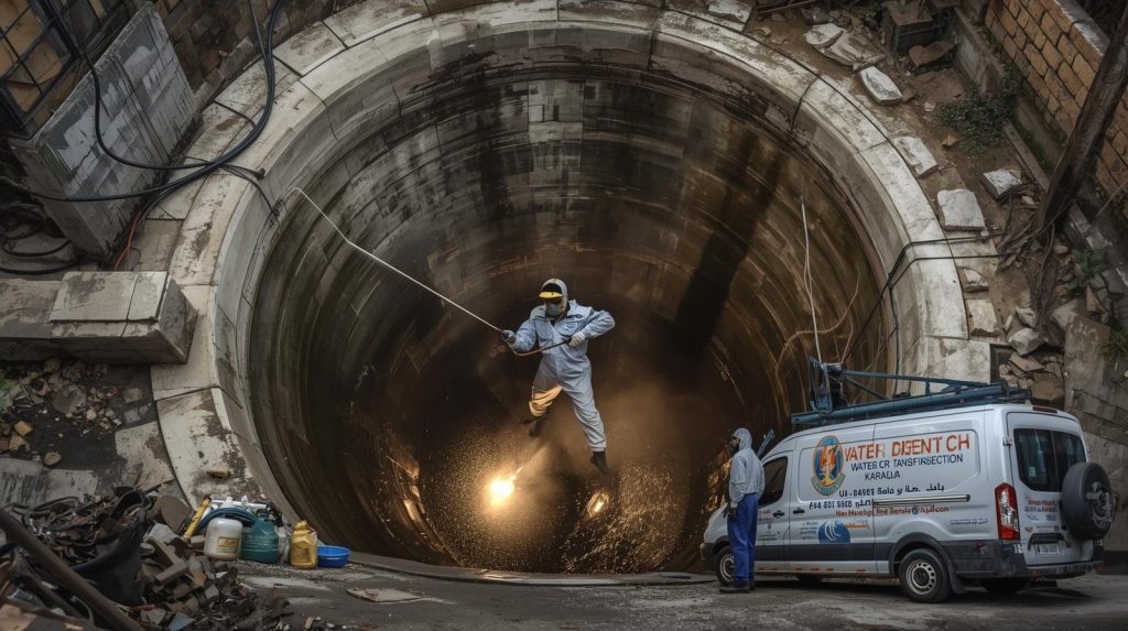 Water tank disinfection team in Karachi using safety gear and professional equipment