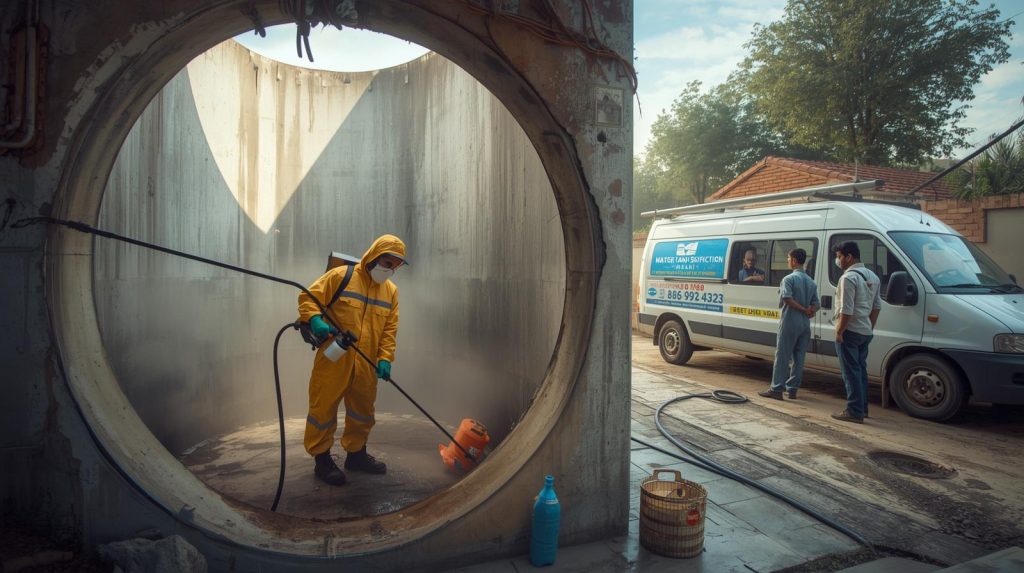 Professional technician cleaning a water tank in Karachi for disinfection