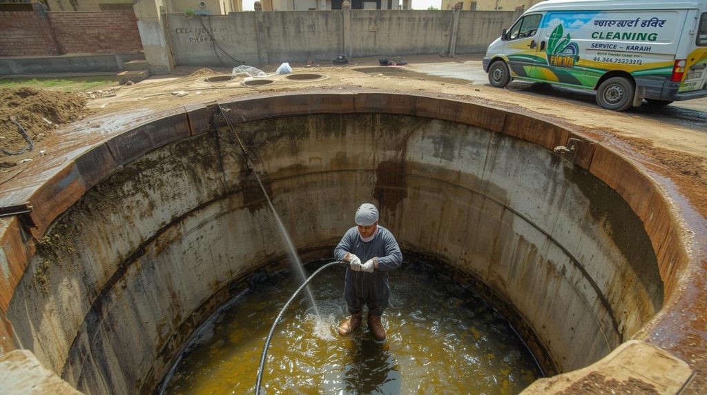 Professional water tank cleaning service in Karachi – technician cleaning an overhead tank