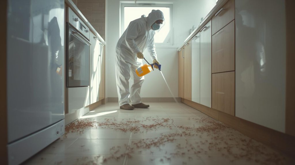 Technician performing ant fumigation in a Karachi kitchen