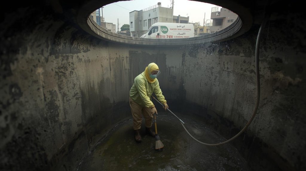 Technician cleaning an underground water tank in Karachi using specialized equipment