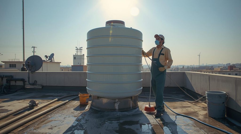 Worker performing water tank cleaning on a rooftop in Karachi