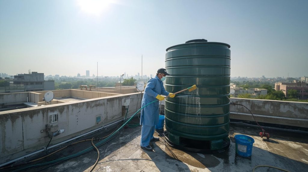 Overhead water tank being disinfected by a professional cleaner in Karachi
