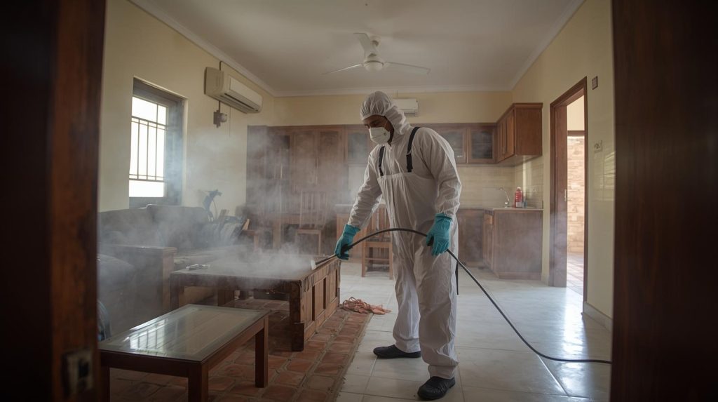 Technician performing wood borer fumigation in Karachi using specialized equipment