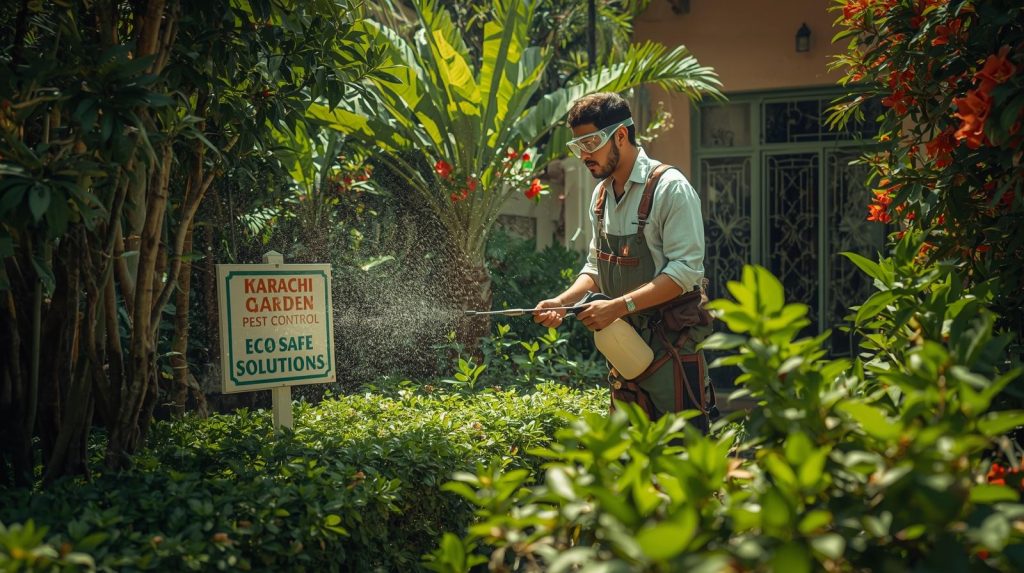 Worker applying garden pest control spray in a residential Karachi garden.
