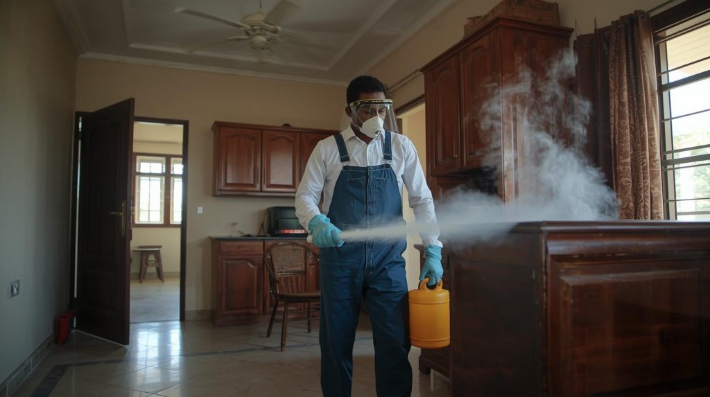 Professional applying wood borer fumigation treatment in Karachi to protect wooden structures