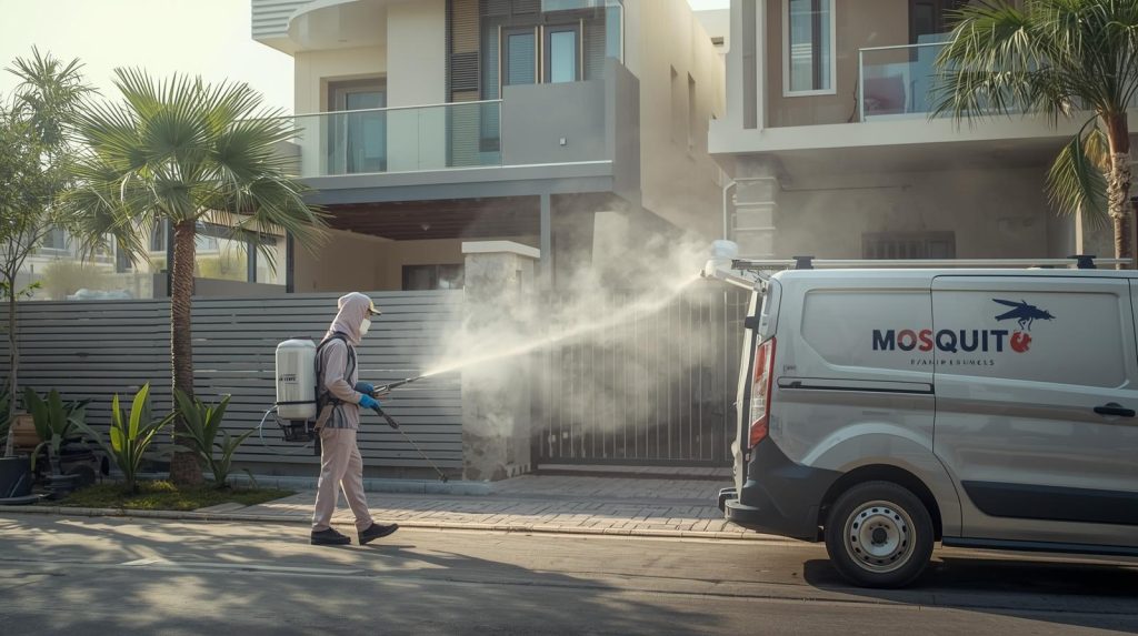 Worker performing mosquito spray service in Karachi residential area