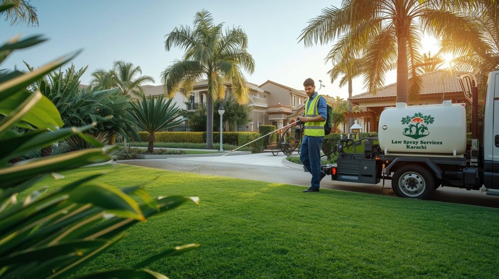 Lawn care professional spraying herbicide in Karachi garden for weed contro