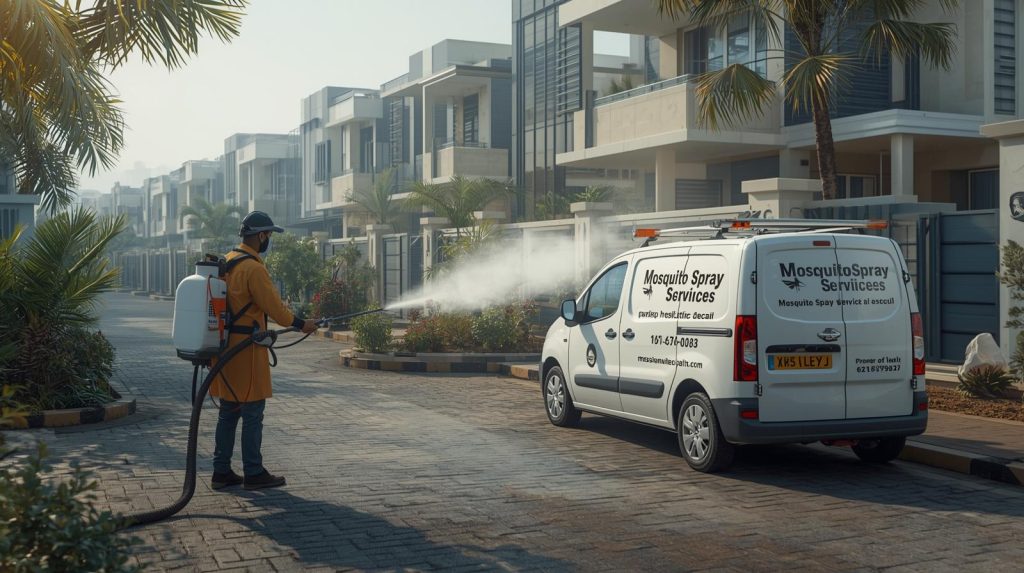 Mosquito spray technician fumigating an outdoor area in Karachi