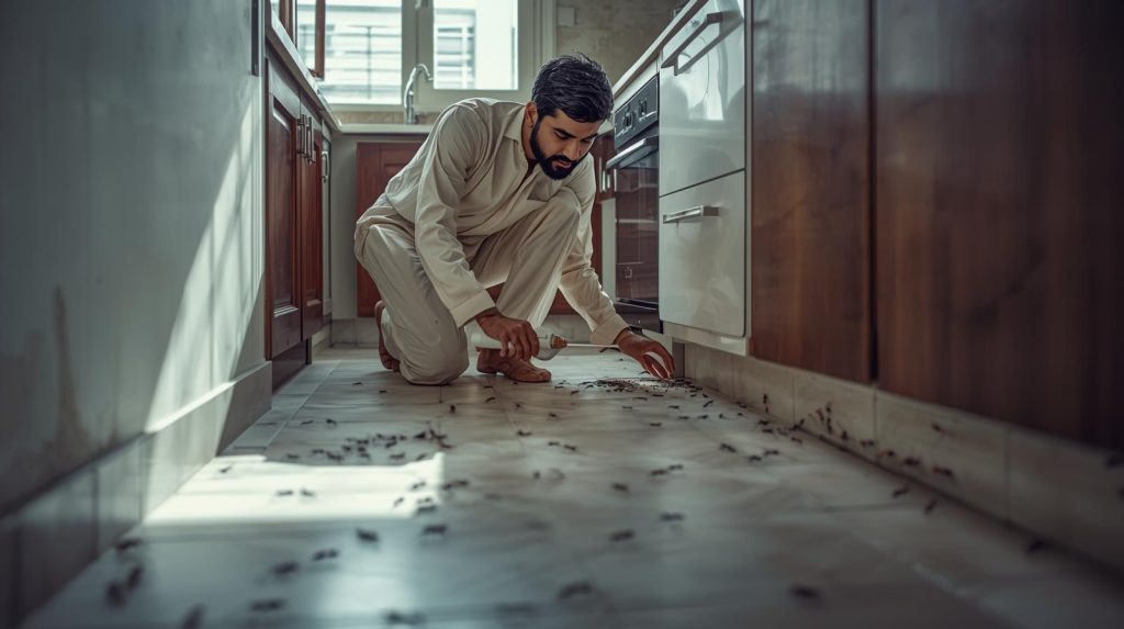 Professional pest control technician spraying ant fumigation chemicals in a Karachi kitchen