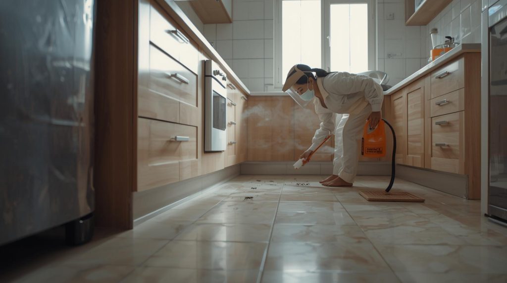 Pest control technician applying ant fumigation treatment in a residential kitchen in Karach