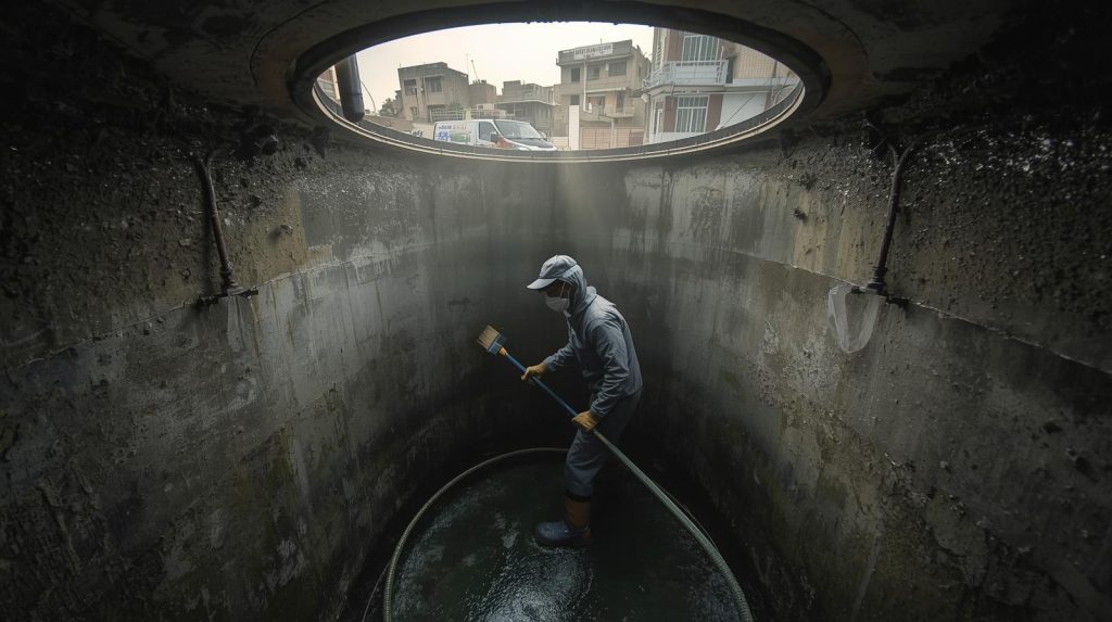 Professional underground tank cleaning service in Karachi showing technician and cleaning equipment