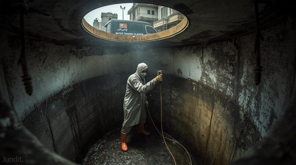 Technician cleaning an underground water tank in Karachi with professional equipment