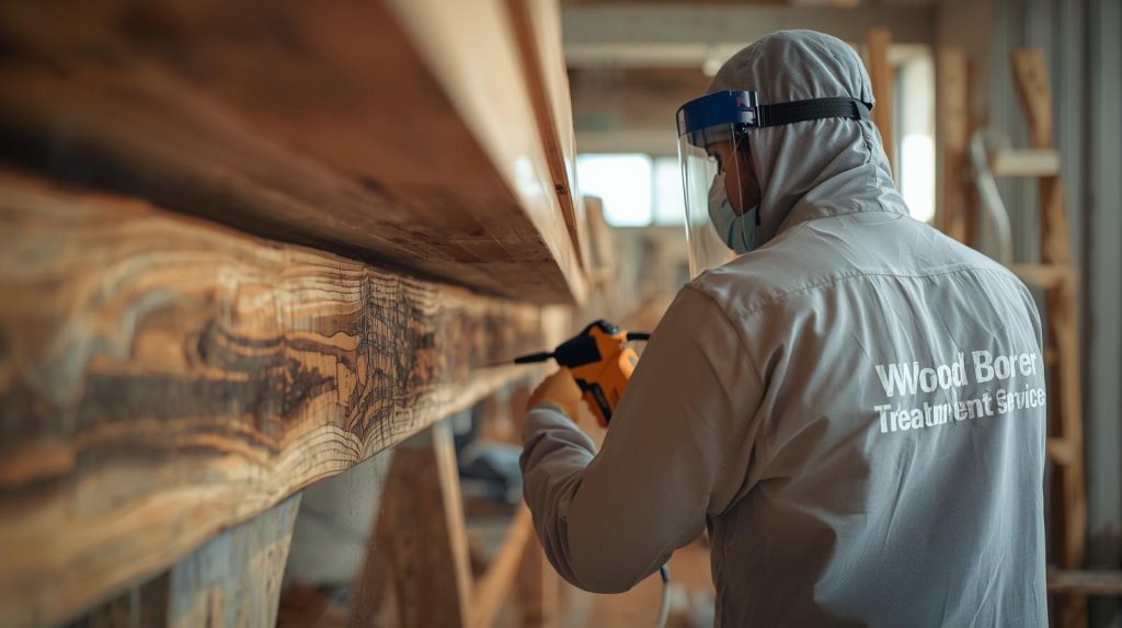 Technician applying wood borer treatment solution to wooden surfaces in Karachi