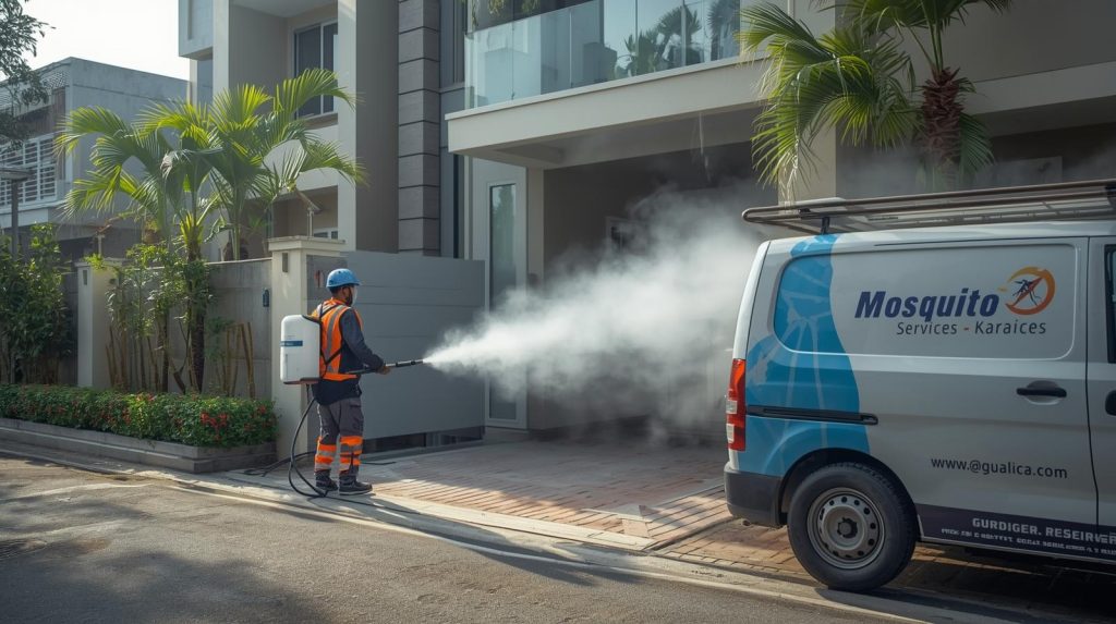 Fumigation expert applying mosquito spray in Karachi residential property